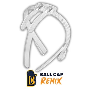 May include: A clear plastic ball cap holder with the text "BALL CAP REMIX" in black and orange. The holder is designed to maintain the shape of a baseball cap. The holder is made of clear plastic.