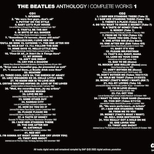 May include: A CD cover for The Beatles Anthology 1: Complete Works 1, featuring a black background with white text. The track listings for CD1 and CD2 are displayed, along with the album title and band name.