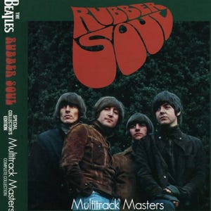 Könnte beinhalten: Ein grünes und rotes Albumcover für das Album Rubber Soul der Beatles. Das Albumcover zeigt ein Foto der Bandmitglieder und den Titel "Rubber Soul" in einer roten, stilisierten Schrift.