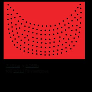 Puede incluir: Un diseño rojo y curvo con numerosos puntos negros pequeños dispuestos en un patrón. Las dimensiones son 18,95 cm de ancho por 13,38 cm de alto. El texto indica 150 pedrerías SS10.