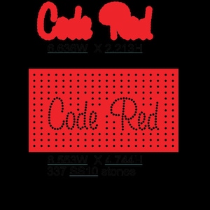Può includere: Design in strass rosso e nero su sfondo rosso. Il design recita "Code Red!" e misura 16,6 cm di larghezza e 12,0 cm di altezza. Il design è realizzato con 337 pietre SS10.