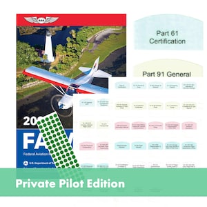 May include: A 2024 Federal Aviation Regulations Private Pilot Edition book featuring a white and red airplane flying over a lighthouse, accompanied by a sheet of color-coded adhesive index tabs labeled with various aviation regulations and rules.