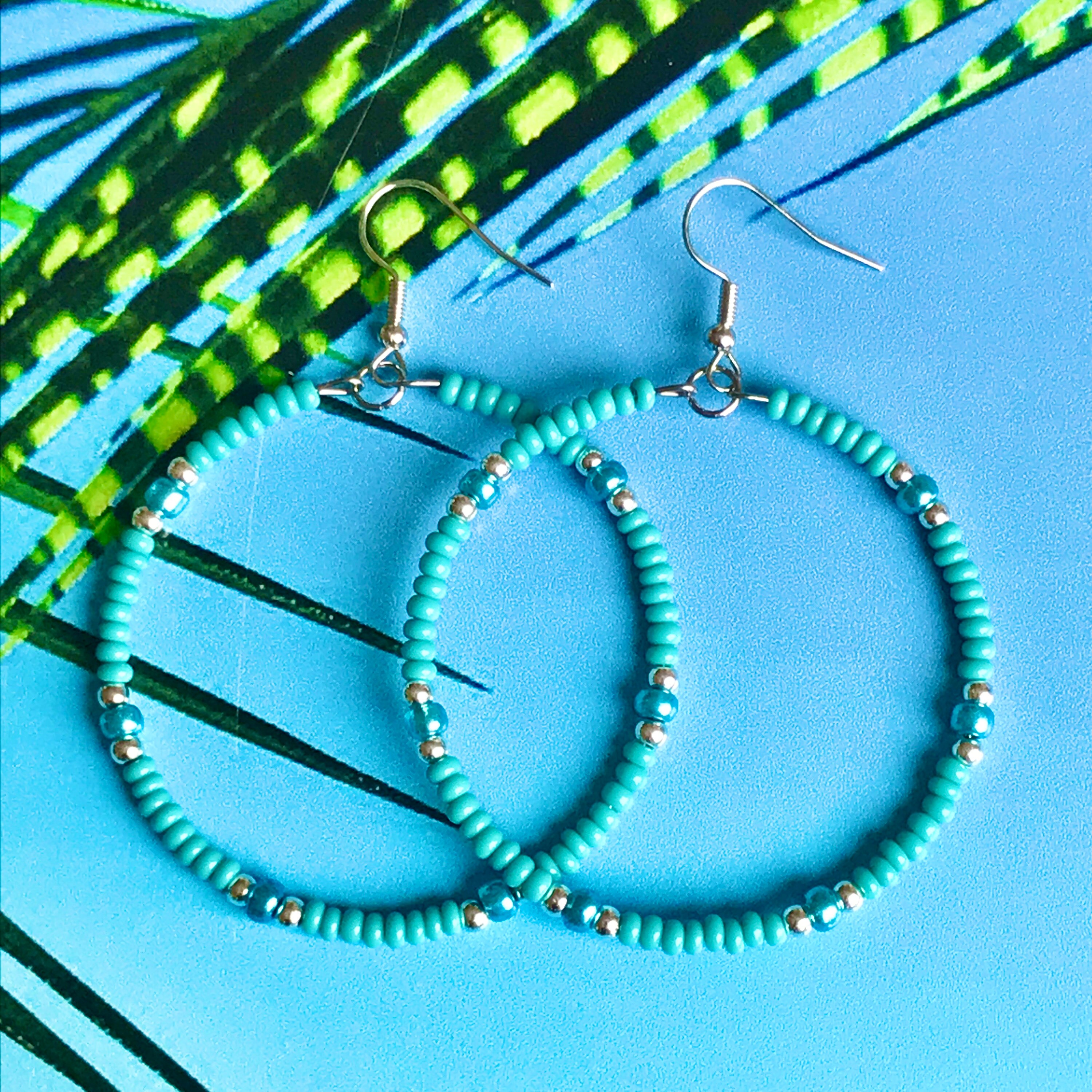 Pierced hoops earrings 2” teal turquoise glass seed beads lightweight