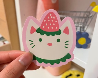 Waterproof Strawberry Cat Vinyl Stickers for Decorating, Collecting