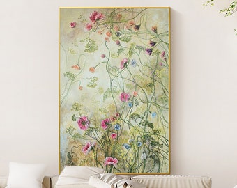 Large Pink Flower Landscape Oil Painting on Canvas, Modern Abstract Bloossom Floral Texture Acrylic Painting Living Room Wall Art Home Decor