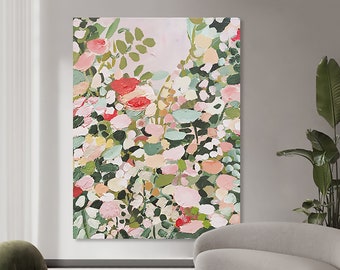 Original Abstract Green Flowers Oil Painting on Canvas, Large Modern Pink Floral Textured Acrylic Painting, Boho Living Room Wall Art Decor