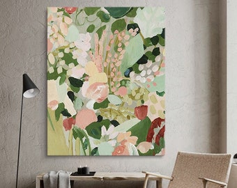 Original Abstract Green Flowers Oil Painting on Canvas, Large Modern Floral Texture Acrylic Painting Boho Living Room Wall Art Home Decor