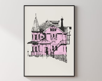 Coraline Pink House, Halloween, Digital nedladdningsbar tryck, Väggkonst