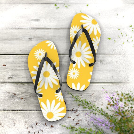 yellow daisy flip flops