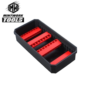 May include: Black plastic storage box with three red dividers. The box is empty and has a label that reads "Mintworx Tools".
