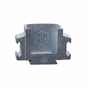 May include: A gray, industrial-style metal component with a rectangular shape and a hollow center. The component features a logo with the letters "MW" in a stylized design. The overall design is symmetrical, with protruding tabs on the sides.