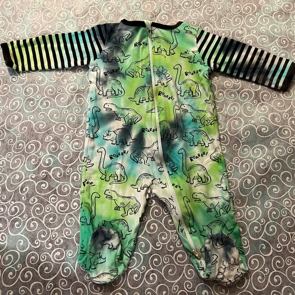 Upcycled Dinosaur Tie Dye Baby Zippered Sleeper, 6-9 Months