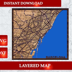Carte de Barcelone 3D en couches SVG DXF, Espagne | Téléchargement instantané | Lime laser | Rues de la ville | Carte en couches | Carte 3D