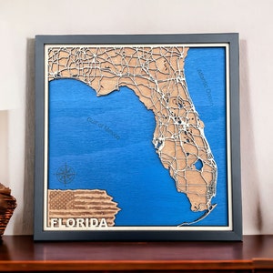 Hölzerne Karte von Florida - 3D Laser Cut Wandkunst, benutzerdefinierte Sunshine State Karte Dekor, nautisches Wohndekor