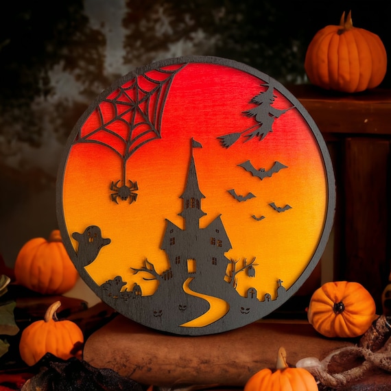 Spooky Halloween Wooden Welcome Sign - Haunted House & Sunset