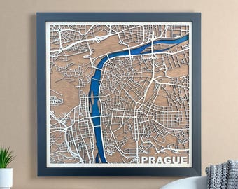 Mapa de madera de Praga / Arte mural 3D personalizado de la ciudad / Regalo personalizado para inauguración de casa / Recuerdo de viaje a la República Checa / Decoración de madera cortada con láser