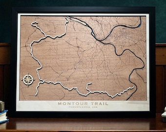Montour Trail Wooden Map | Pennsylvania Wall Art | Custom Trail Map | Cycling & Hiking Gift | Handcrafted Wood Map