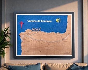 Custom Wooden Camino de Santiago Map: Primitivo, Frances and Portugese (60x45)