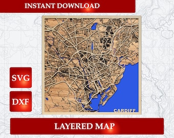 Cardiff Layered Map SVG | 3D Wooden City Map | Laser Cut File DXF | Instant Download