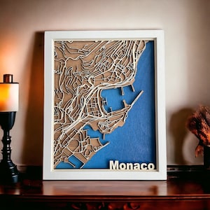 Handgemaakte houten kaart van Monaco - 3D lasergesneden stadsplattegrond muurkunst, decoratie op maat gemaakt