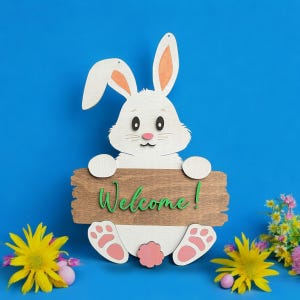 Easter Bunny Door Sign SVG, Digital Laser Cut File, Layered Wood Sign, Glowforge, CNC, Laser Cutting Template