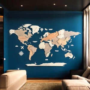 Niestandardowa drewniana mapa świata na ścianę - dwuwarstwowa 3D drewniana mapa ścienna z opcjami personalizacji - dostępna w wielu rozmiarach i językach