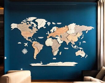 Personalized 3D Wooden Map of The World Wall Art: Layered Wood Decor