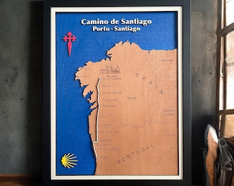 Wooden Camino Portugues Map | Camino de Santiago Map | Porto to Santiago Route | Pilgrim Gift | Custom Travel Map Wall Art