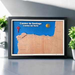 Carte en bois personnalisée du Camino del Norte - Chemin de pèlerinage personnalisé - Art mural en couches 3D fabriqué à la main - Cadeau Camino unique - Route du Nord