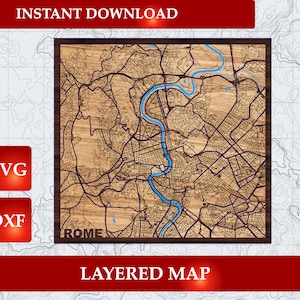 SVG DXF Mappa 3D a strati di Roma, Italia / Download istantaneo / File laser / Mappa a strati delle strade della città