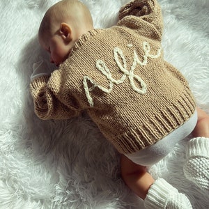 Personalised name knit baby cardigan OR jumper. Various sizes/styles Newborn - 10 years. Personalised new baby gift / baby shower gift.