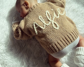 Personalised name knit baby cardigan OR jumper. Various sizes/styles Newborn - 10 years. Personalised new baby gift / baby shower gift.