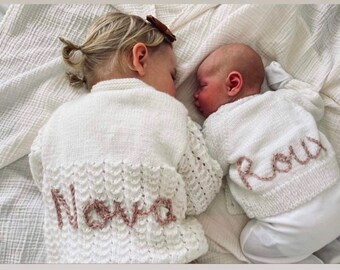 Personalised name knit baby cardigan. Various sizes & styles available.