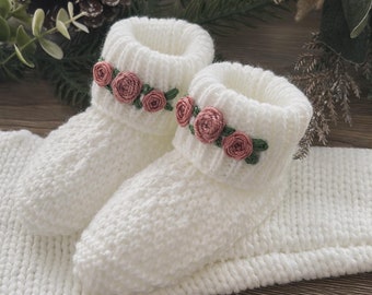 Personalised knitted baby booties shoes