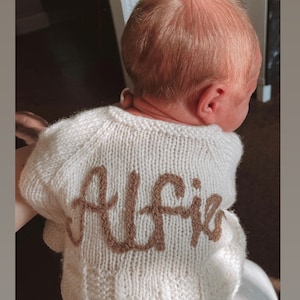 Personalised name knit baby cardigan OR jumper. Various sizes/styles Newborn - 10 years. Personalised new baby gift / baby shower gift.