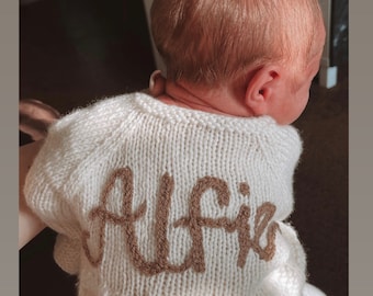 Personalised name knit baby cardigan OR jumper. Various sizes/styles Newborn - 10 years. Personalised new baby gift / baby shower gift.