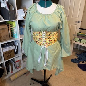 Cottagecore Corset Dress Set: Yellow Mushroom Print, 100% Cotton