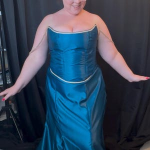 Teal Satin Steel Boned Corset and Mermaid Skirt Set | Handmade Lined Formal Gown with Hand-Sewn Trim