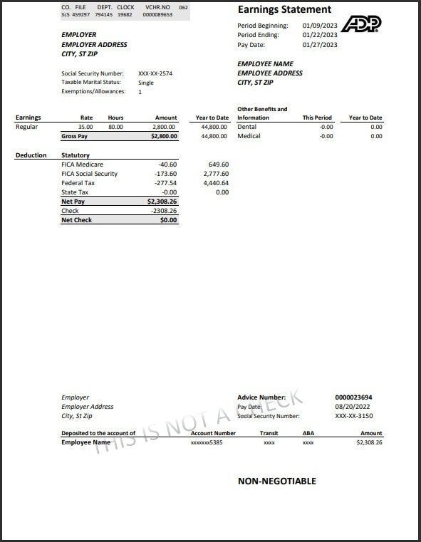 ADP Paystub custom Pay Stubs Pdf earnings Statement check Etsy