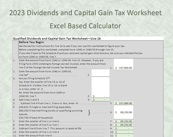 Easy Custom Calculator for 2023 Qualified Dividends and Capital Gain Tax Worksheet (excel 2016), also includes Tax Computation Worksheet