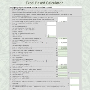 Op de afbeelding: Een werkblad voor de berekening van de dividend- en vermogenswinstbelasting 2024, een op Excel gebaseerde rekenmachine, met instructies en velden voor het berekenen van belastingen. Het document bevat regels voor het invoeren van bedragen en het uitvoeren van berekeningen.