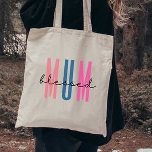 Blessed Mum 12 oz Canvas Tote/Gift bag, Mum aesthetic reusable grocery bag, Mothers Day Gift for Mum, New Mum Tote, Pregnancy Reveal