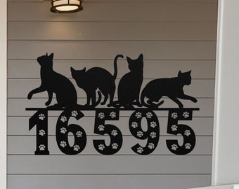Custom Cat Address Sign: Metal House Number Plaque with Paw Prints