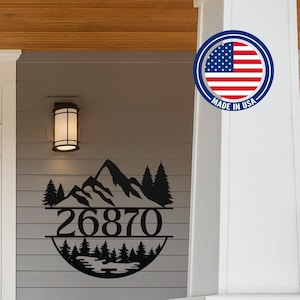 Mountain Landscape Metal Address Sign: Modern House Numbers Plaque