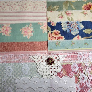 Fabric Bundle, Vintage Fabrics in mauve, green and blue w/ eyelet, lace, crochet,  and a classy button