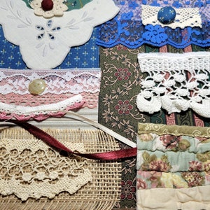 Slow Stitch Kit: Vintage Fabrics, Lace, Crochet, Buttons - Junk Journal