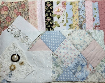 Floral Fabric Bundle: Vintage Quilt Piece, Eyelet, Crochet, Buttons