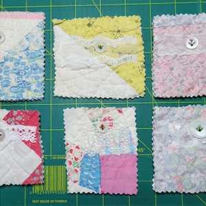 Quilt Scrap Bundle of 6, Embellished w/ vintage Lace, Crochet, Buttons, embroidered Flower, for Fabric Crafts, Slow Stitching