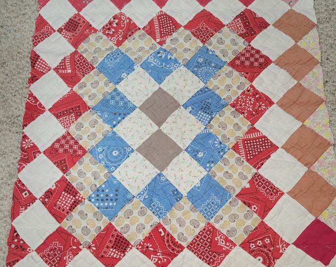 Vintage Cutter Quilt Piece: Red Bandana, Floral & Checked Fabric - Etsy