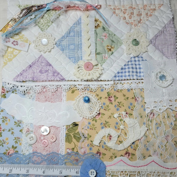 Needle Book Kit with Quilted Cover, Soft Pastel Floral Fabrics, Vintage Lace, Crochet, Buttons, Trim, Ric Rac, Quilt Batting
